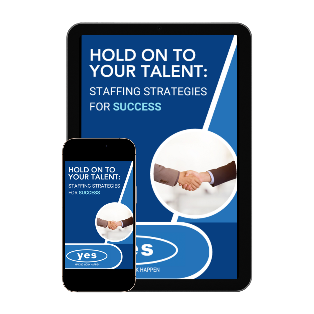 Tablet and phone showing staffing strategies EBook cover